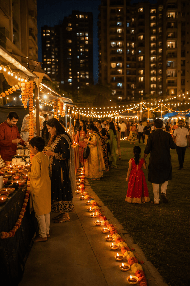 A Diwali mela on the community lawn - diya-lined path, stalls under string lights