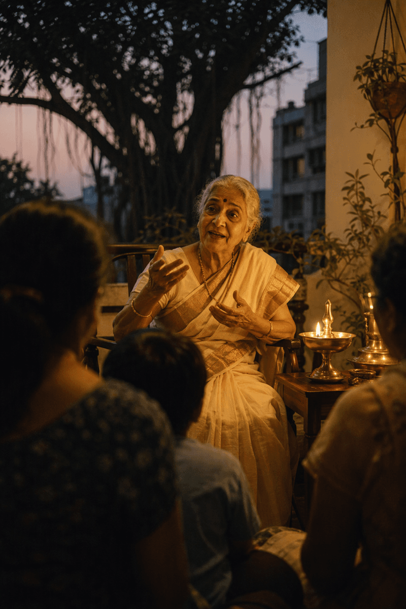 A grandmother telling stories by lamplight on a veranda at dusk