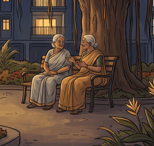 Two grandmothers deep in conversation on a bench beneath the banyan tree - the moment this issue captures